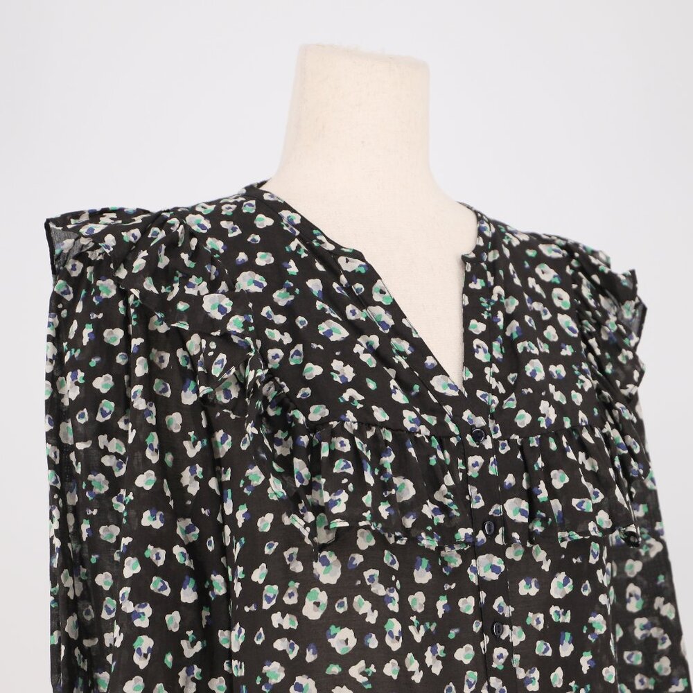 ba&sh Blake Blouse Ruffled Yoke Abstract Printed Long Sleeve Black Green Size M - Picture 5 of 9